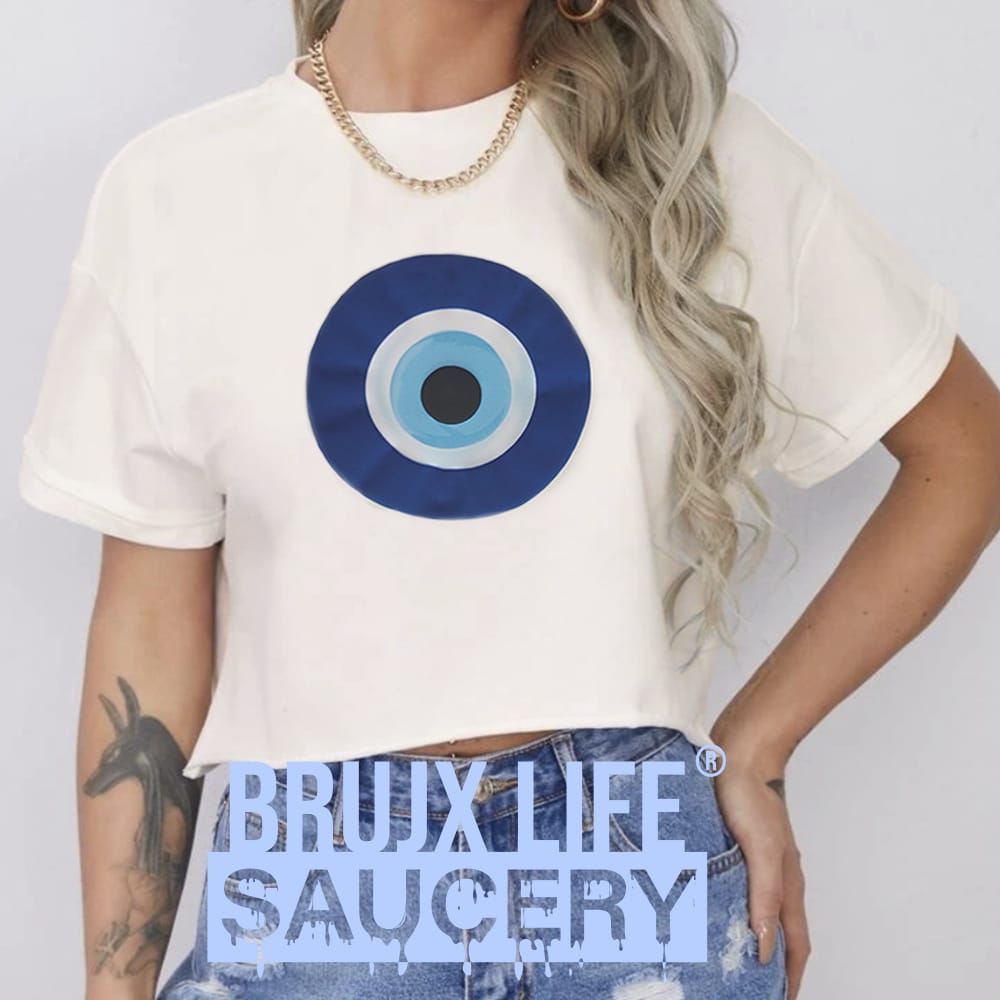 evil eye puff logo- flowy cropped tee